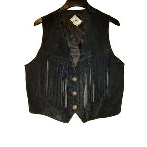 Desperado Biker Hippie Coachella Black Leather Fringe Western Vest Size Medium
